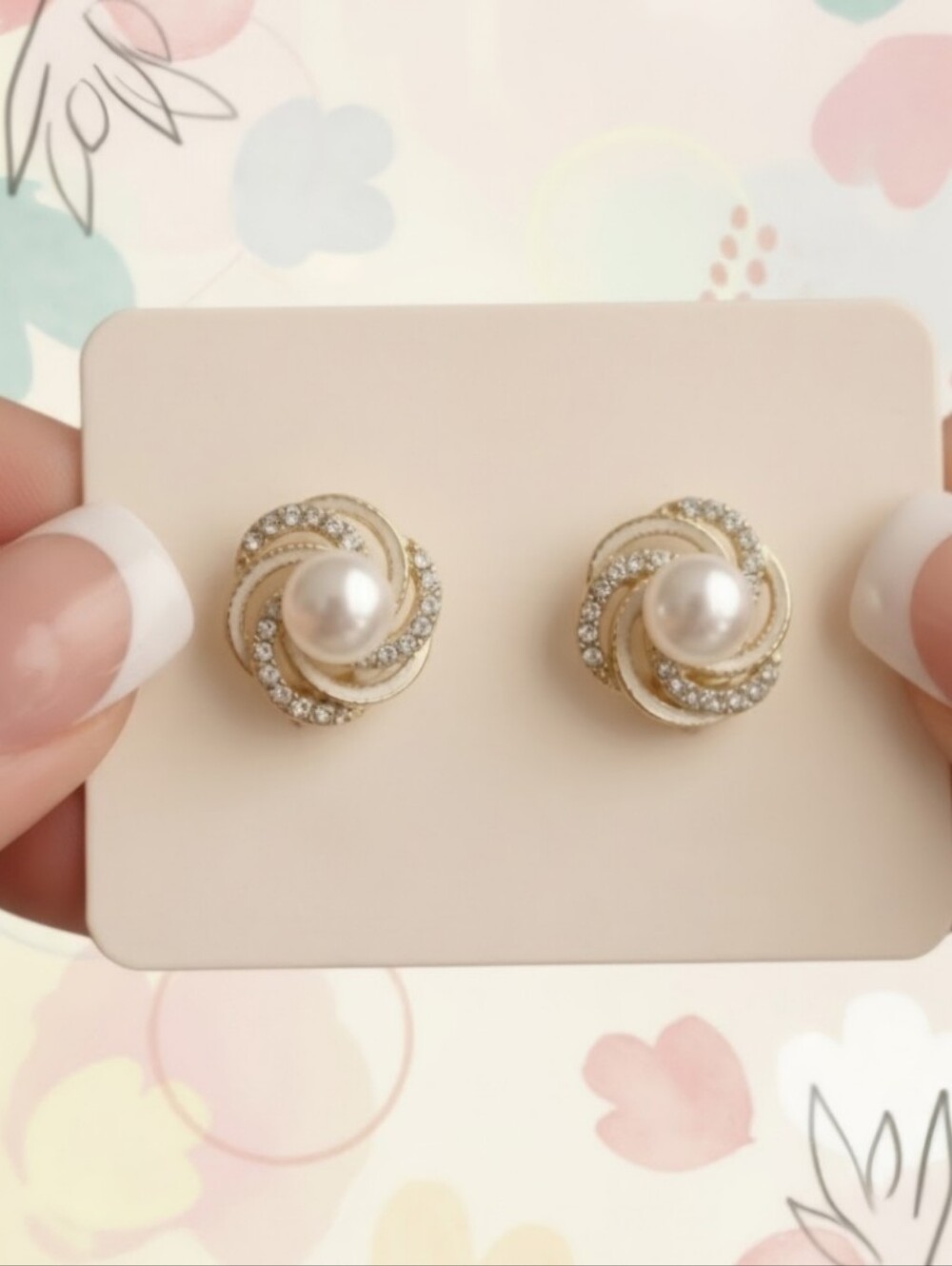 Vintage-Inspired Gold-Tone Swirl Faux Pearl & Crystal Pavé Stud Earrings